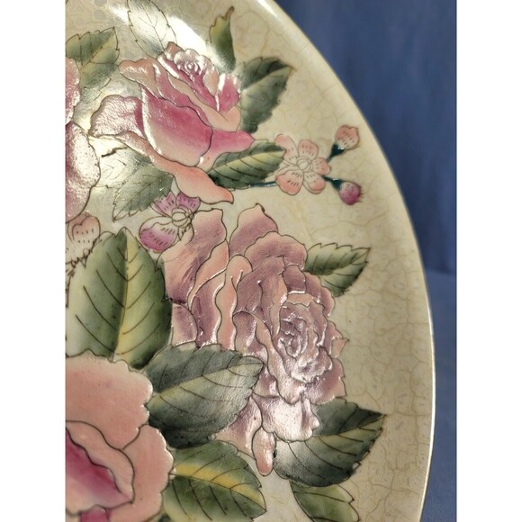 Pink Roses Plate Crackled Vintage Green Leaves Enameled 10.25''D Decorative - Picture 6 of 7